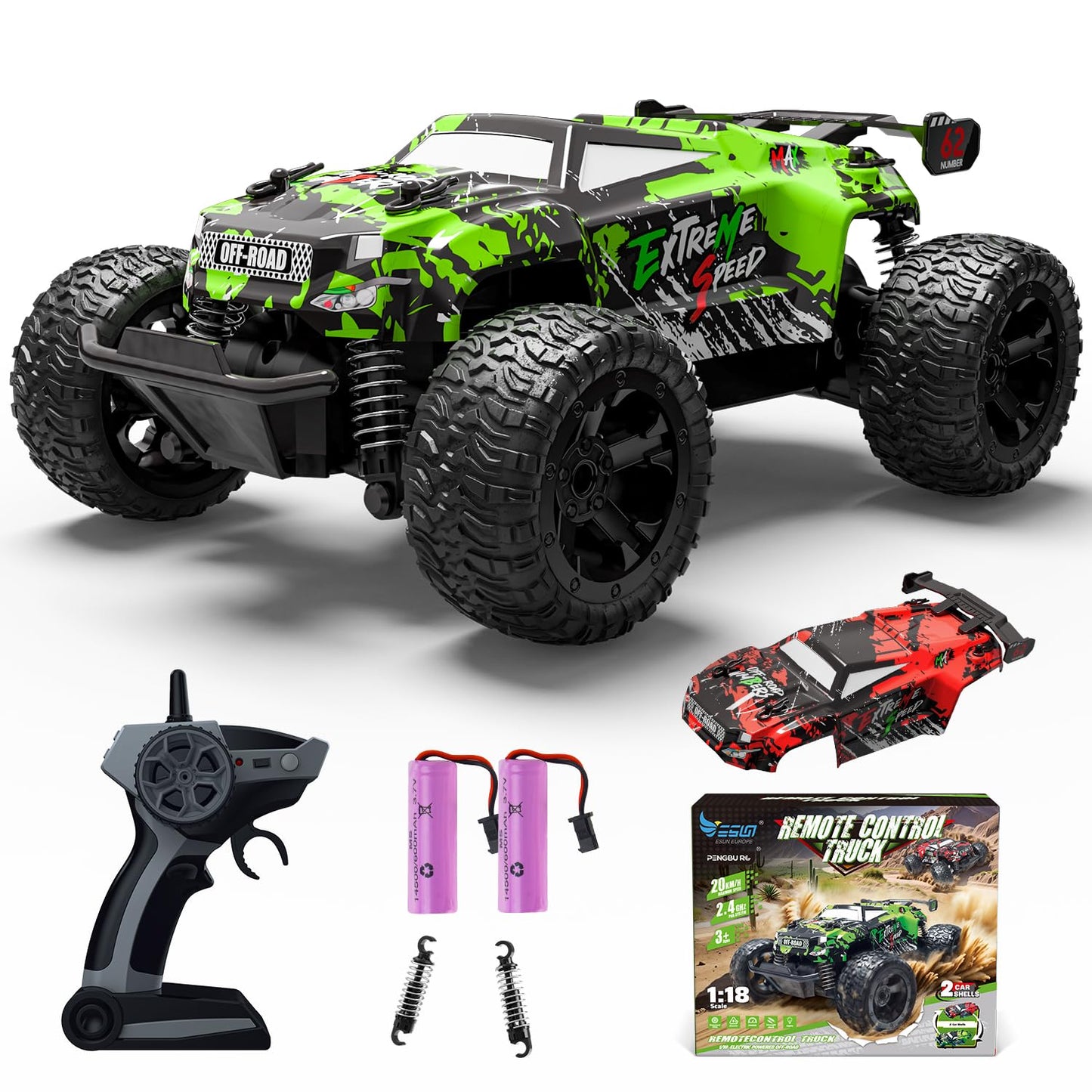Remote-controlled car for ages 3 4 6 8 years, 1:18 Remote-controlled monster truck with body light/double shell. RC car for ages 3 4 6 8 years. Perfect gifts for boys and girls.