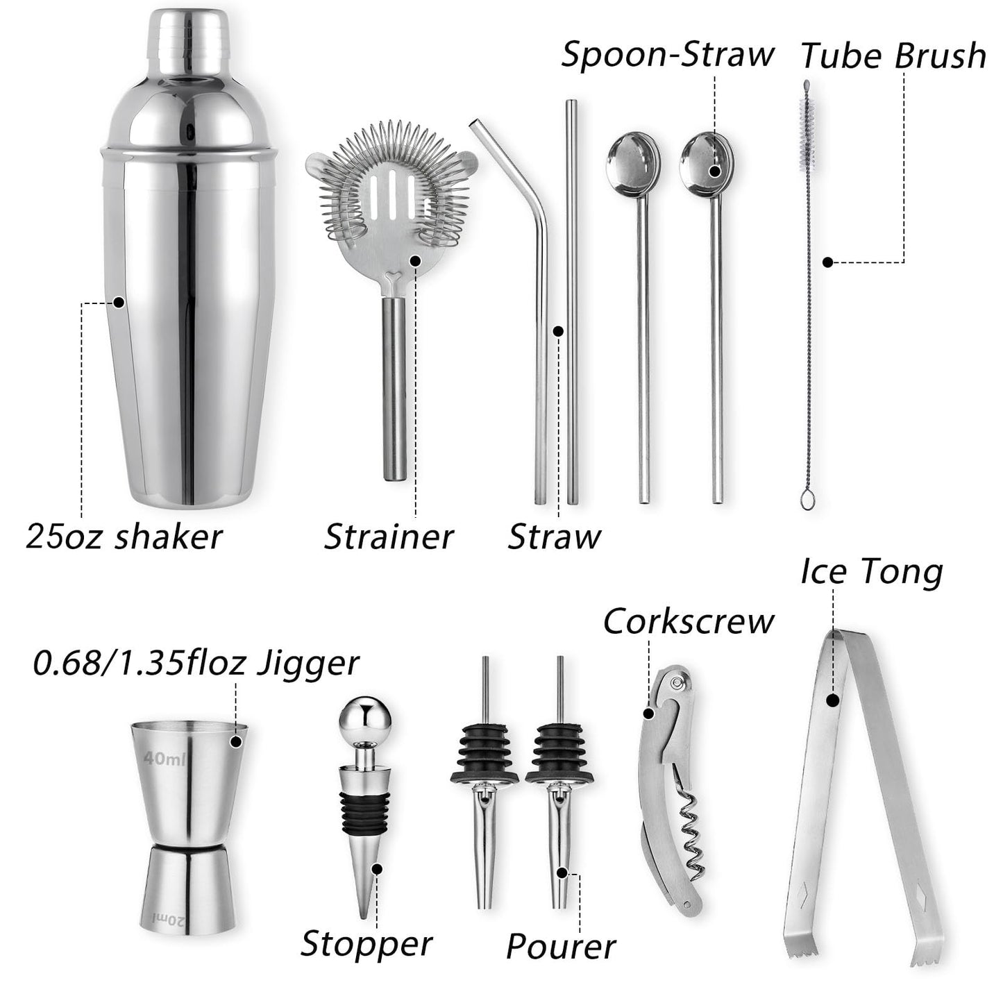 Cocktail Shaker Set, 750ml Stainless Steel Shaker Set, 15 Piece Professional Cocktail Mixing Set, Bartender Set with Bamboo Stand, Recipe Book, Jigger, Spoon, Gift Set for Bar, Home