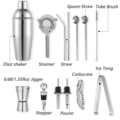 Cocktail Shaker Set, 750ml Stainless Steel Shaker Set, 15 Piece Professional Cocktail Mixing Set, Bartender Set with Bamboo Stand, Recipe Book, Jigger, Spoon, Gift Set for Bar, Home