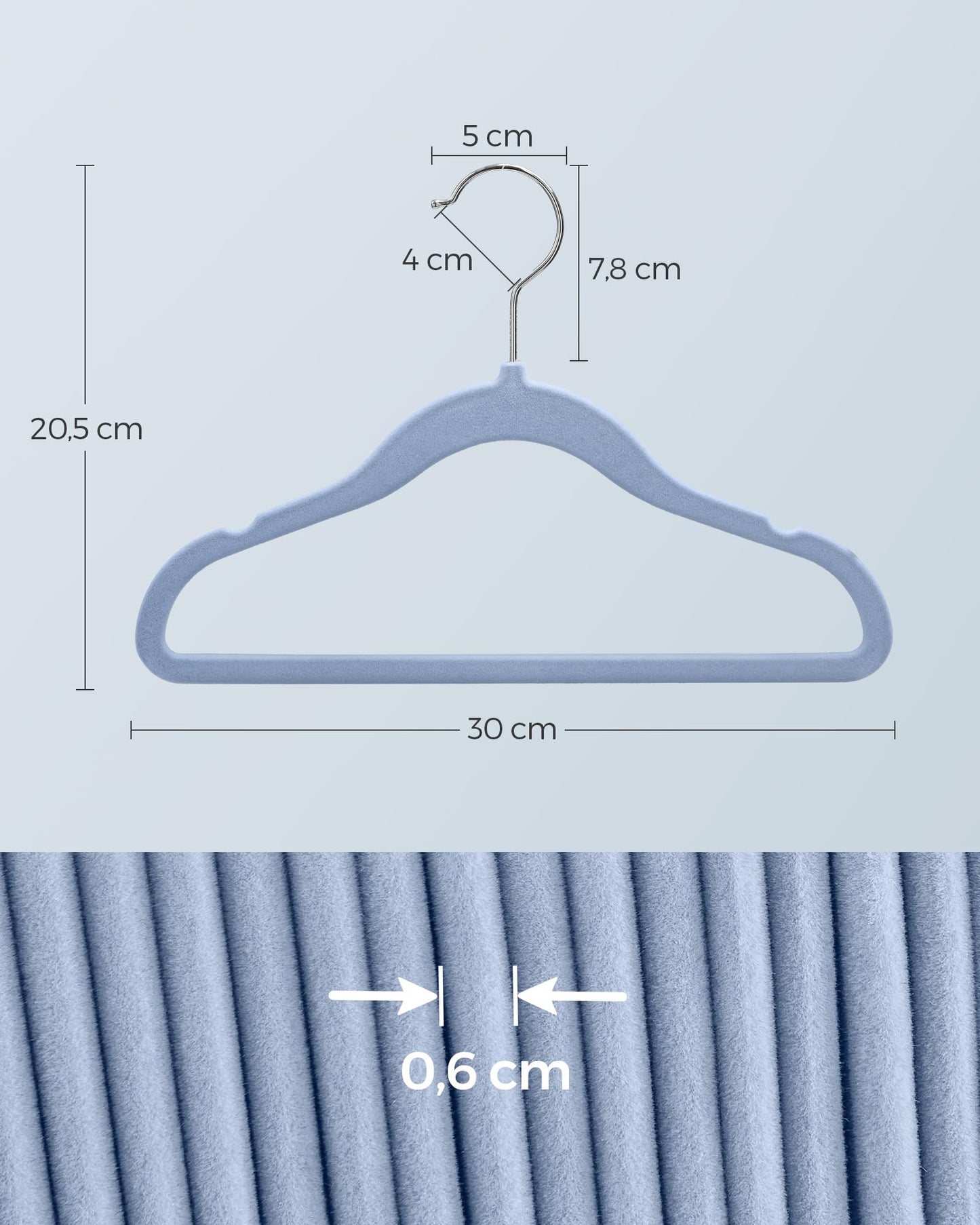 SONGMICS Children's Hangers, Set of 50 Kids Hangers, Baby Hangers, Velvet Hangers, 360° Rotating Hook in Silver, Space-saving, Non-slip, for Wardrobe, Pale Blue CRF027Q05