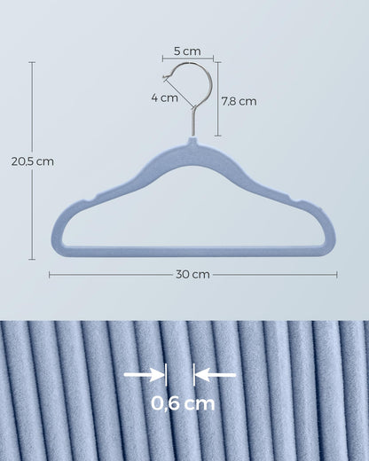 SONGMICS Children's Hangers, Set of 50 Kids Hangers, Baby Hangers, Velvet Hangers, 360° Rotating Hook in Silver, Space-saving, Non-slip, for Wardrobe, Pale Blue CRF027Q05