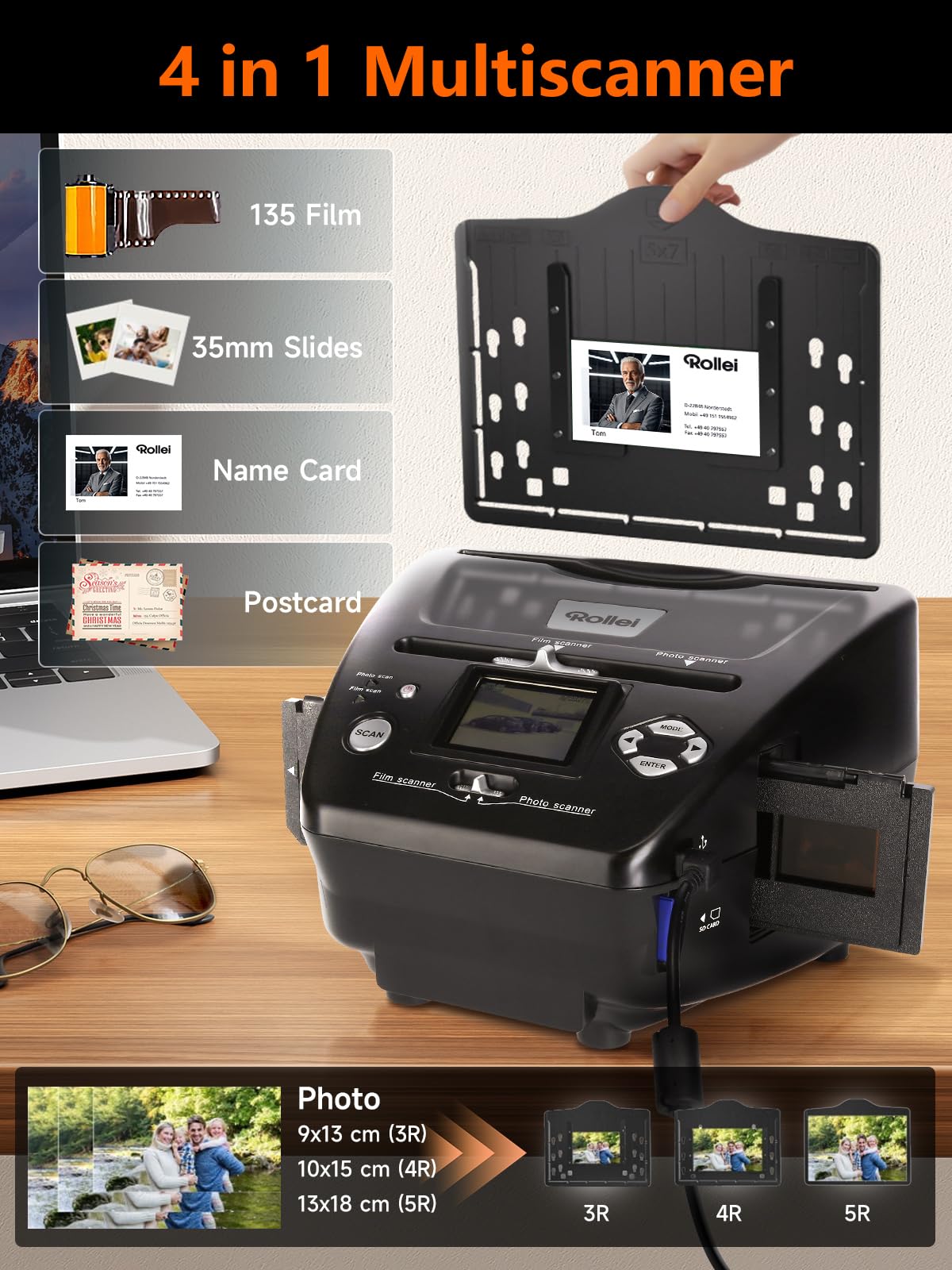 Rollei PDF S 240 SE Multiscanner for photos slides and film negatives 35mm 135, 3R/4R/5R photo and business card digitizer device with color monitor, photo scanner slides negatives digitizing.