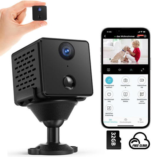 Mini Surveillance Camera | Free Cloud Storage & SD Card Storage | Smallest 4K HD Wifi Indoor Camera for Home Security | Night Vision, Motion Detection | 3000mAH Battery | with 32GB Memory Card