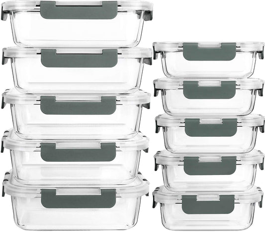 MCIRCO Glass Food Storage Containers Set, 20 pieces (10 containers, 10 lids), Dishwasher Safe, Microwave & Freezer Safe, Leakproof, Modern, Food Storage Containers, Food Storage.