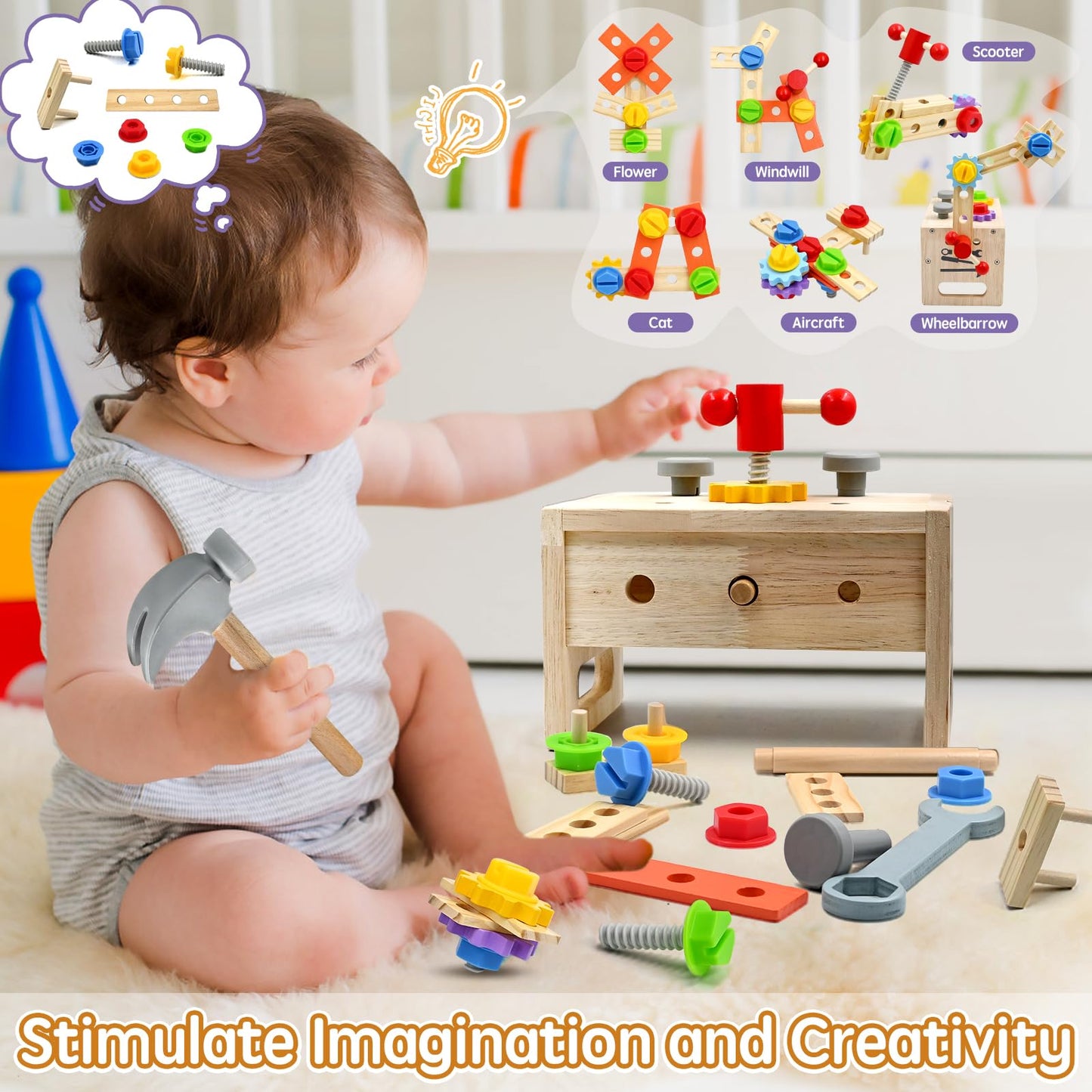 Toolbox for kids 2 3 4 years old, Montessori wooden toy tool set workbench learning games hammering toy screwdriving game gifts for boys girls 3 years old and up