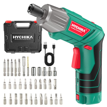 HYCHIKA cordless drill, 6N·m torque 2000mAh 3.6V battery with 35 accessories, LED light and flashlight, battery drill with USB cable and storage box.
