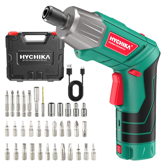 HYCHIKA cordless drill, 6N·m torque 2000mAh 3.6V battery with 35 accessories, LED light and flashlight, battery drill with USB cable and storage box.