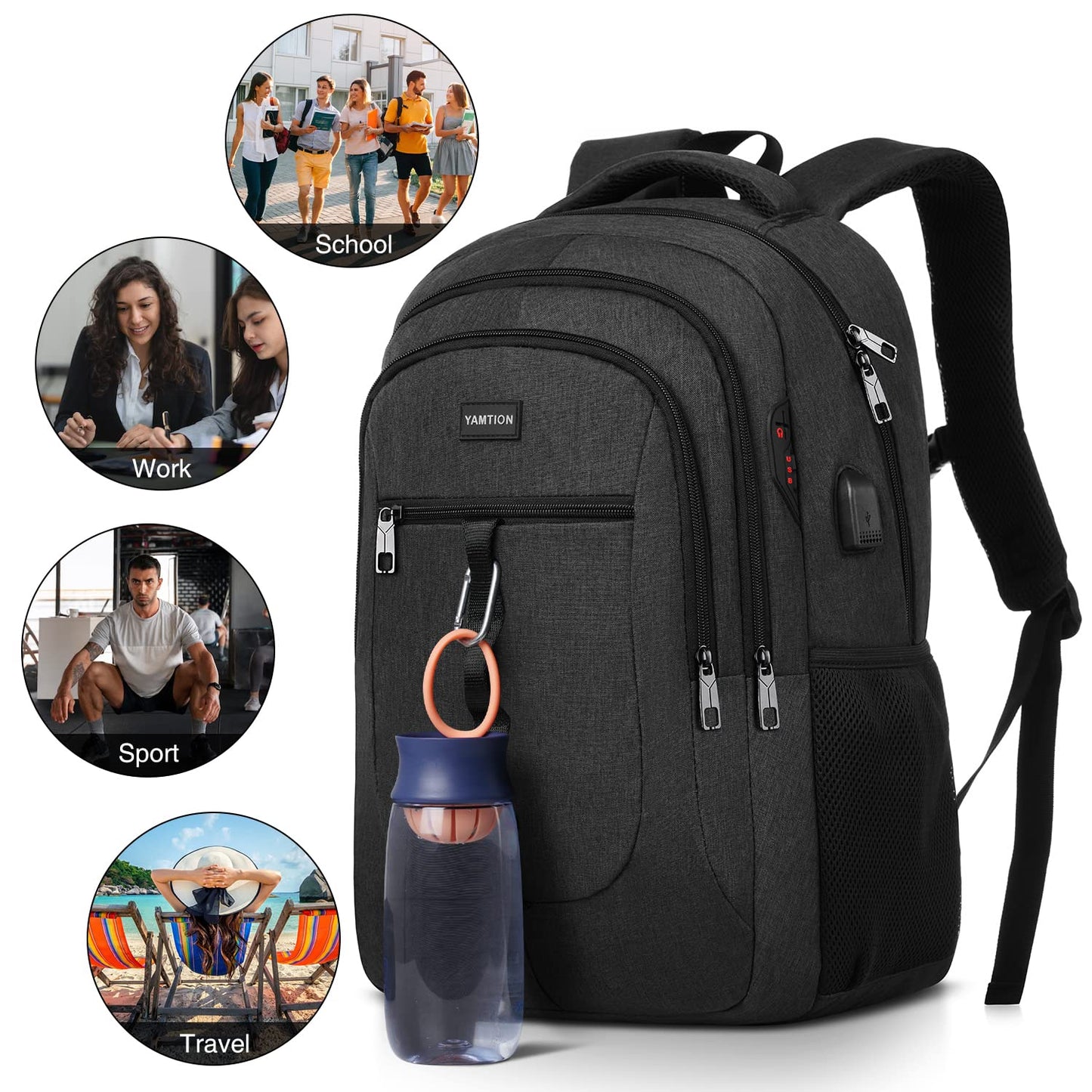 YAMTION Black Backpack for Men and Women, Unisex School Backpack for Teenage Boys Girls 17.3 Inch Laptop Backpack School Bag with USB for College School Work Office
