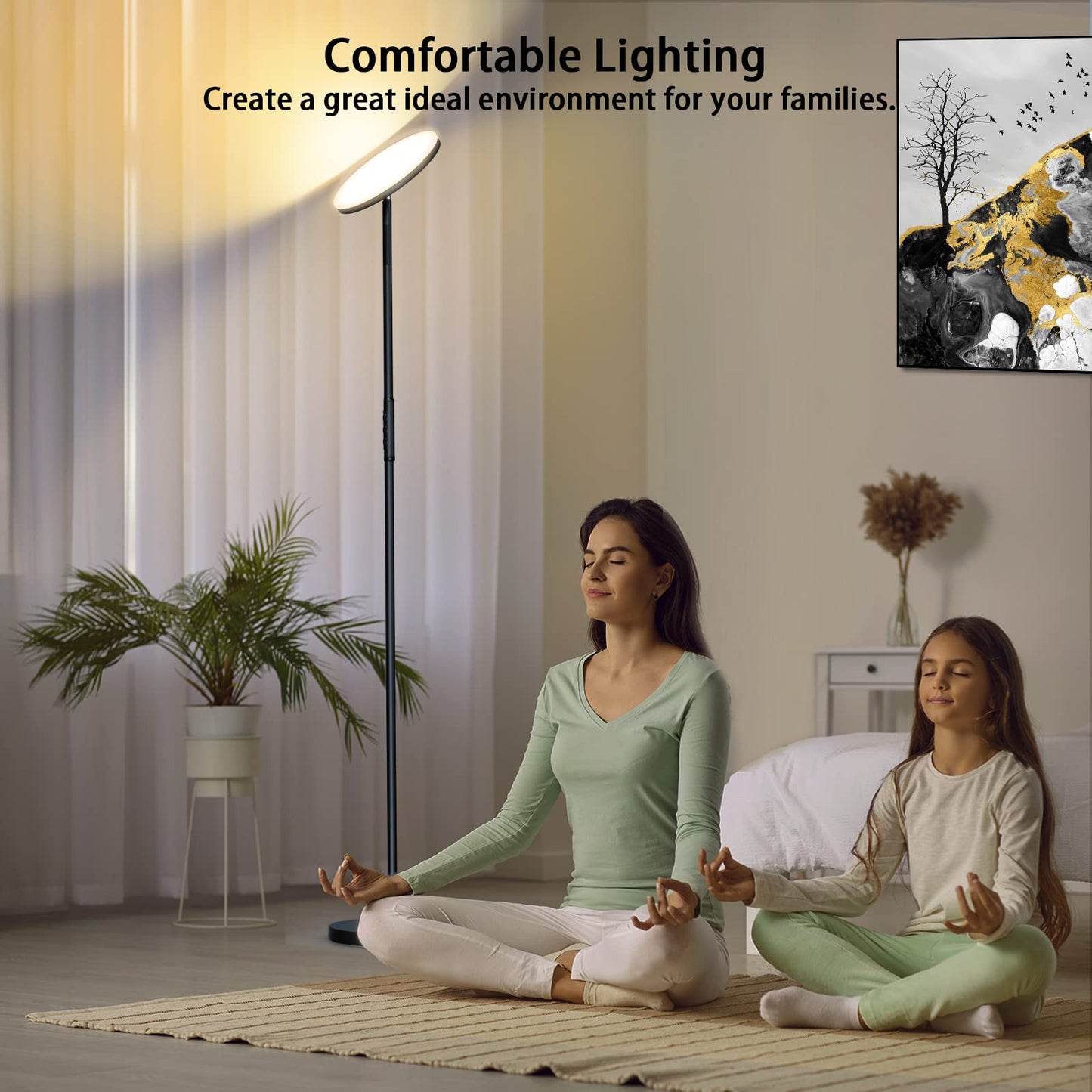 LED floor lamp living room dimmable, 36W 3600LM torchiere with remote control & touch control, 1-minute installation, eye-friendly modern floor lamp for living room, office, dining room, bedroom (Black)