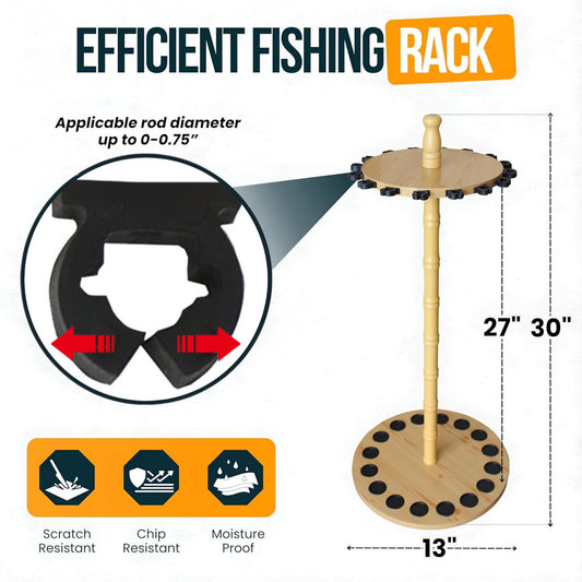 Rush Creek Creations fishing rod holder for garage, fishing rod rack, floor stand for up to 16 rods, fishing gear, storage organizer, fishing gifts for men, 24 rods, light wood