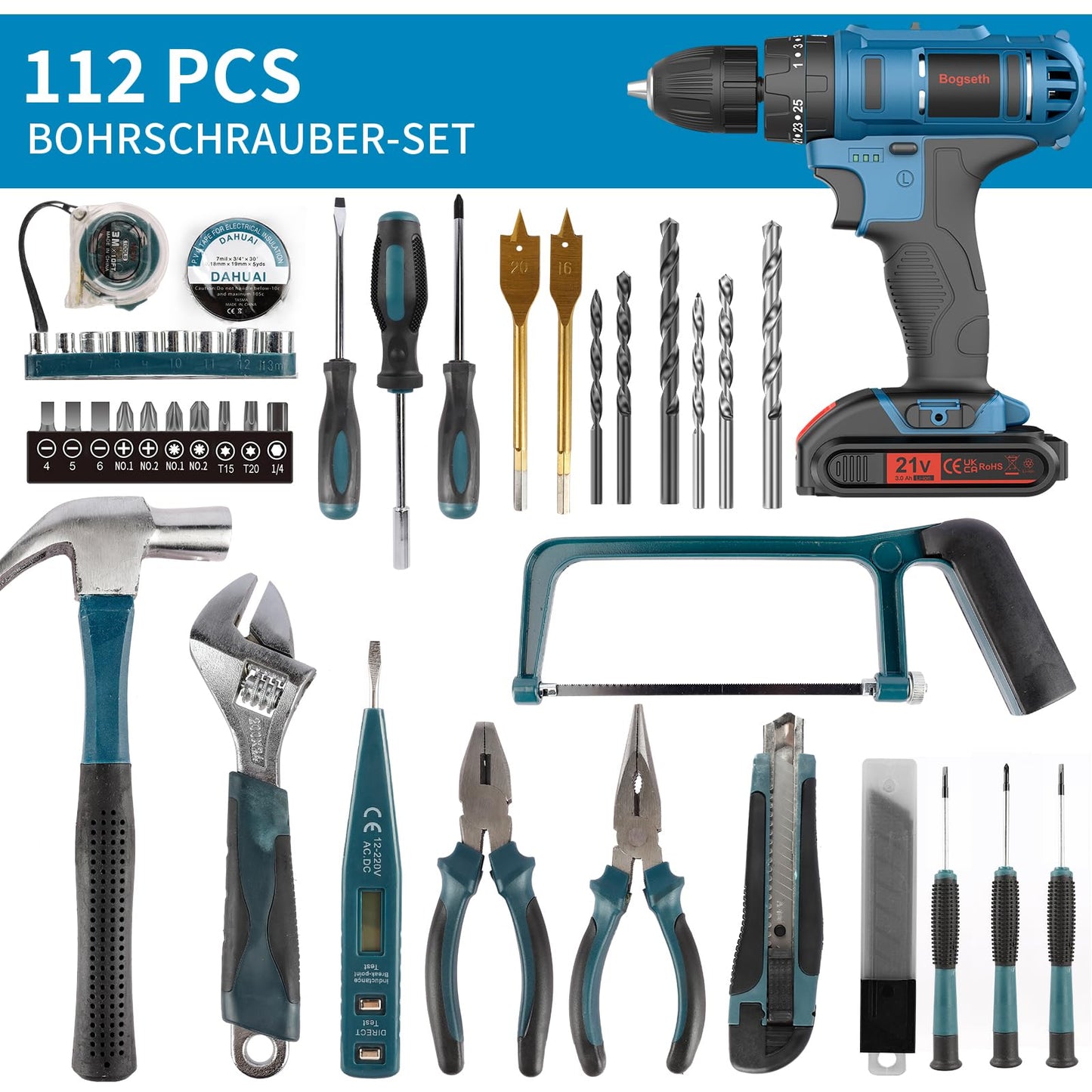 Bogseth 21V cordless drill set, with 112PCS tool kit, 45 N.m max torque, 2 x 2000mAh batteries, 2-speed, 25+3 torque settings, LED light, for home and garden DIY projects.