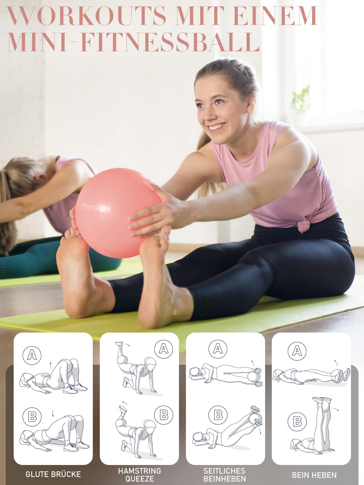 PhysKcal 75cm Pink Thick Gym Ball and 23cm Pilates Ball Set, Anti Burst Gym Ball, Anti-Slip Exercise Ball, Balance Ball, Yoga Ball for Home, Gym, and Office.