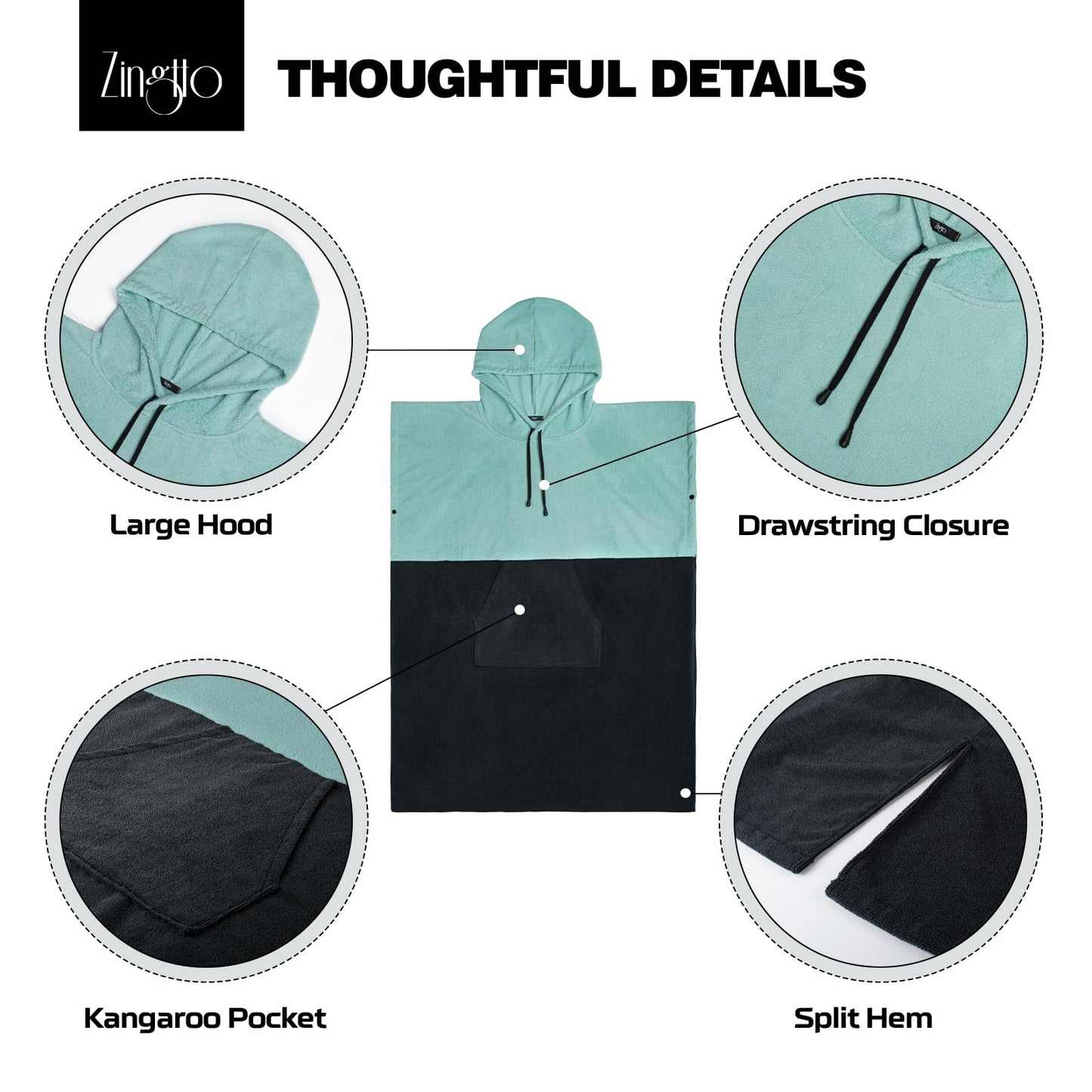 Zingtto Surf Poncho, extra large, thick towel poncho for men and women with hooded pocket for swimming at the beach, 41''x33'', black/green.