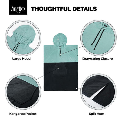 Zingtto Surf Poncho, extra large, thick towel poncho for men and women with hooded pocket for swimming at the beach, 41''x33'', black/green.