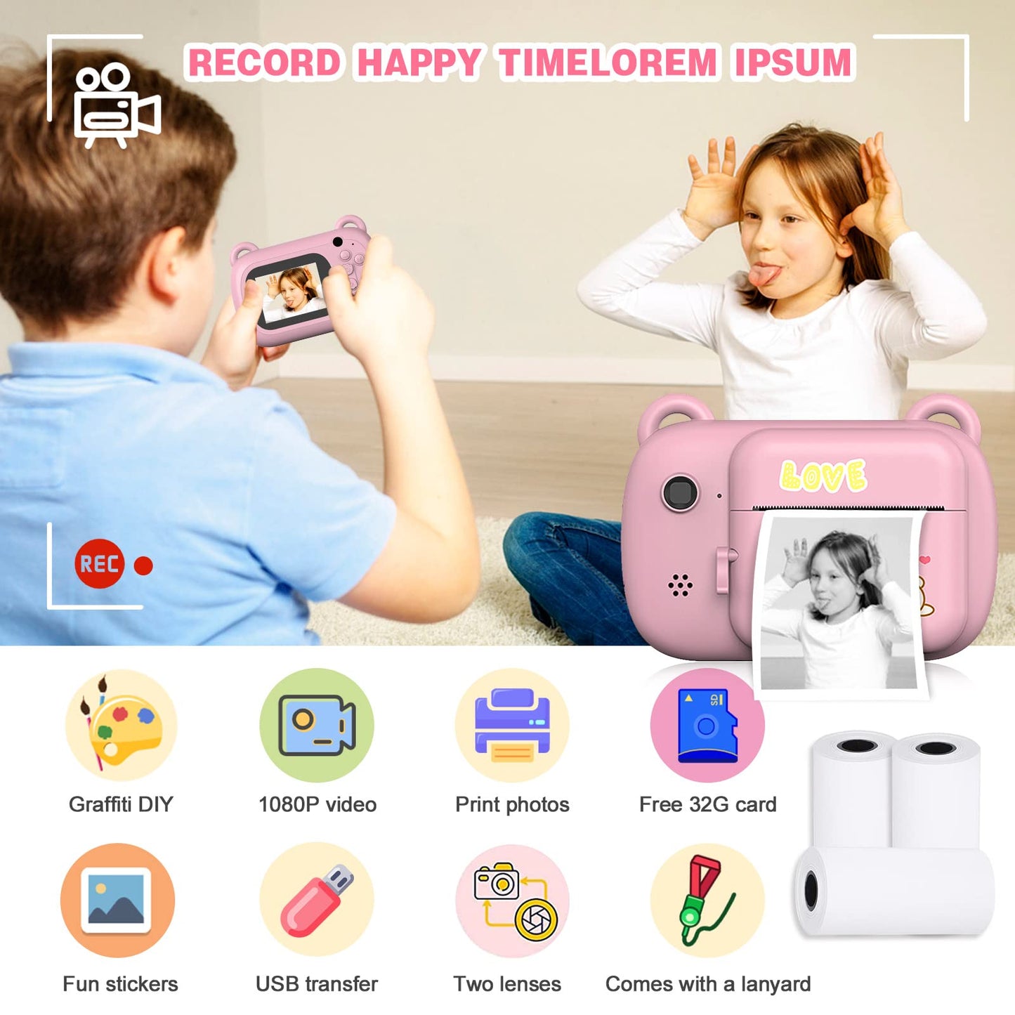 SUPBRO Kids Camera, Children's Camera, Digital Kids Cameras with 2.4-Inch Screen 1080P HD Camera Instant Print Camera for Kids 3-10 Years Old Birthday Christmas (Rabbit)