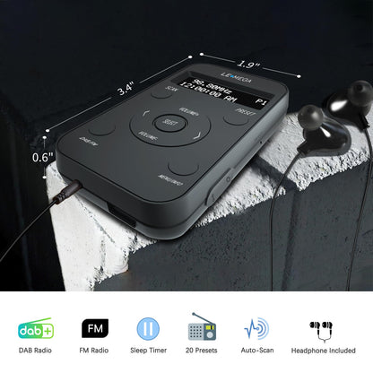 LEMEGA PR1L portable DAB/FM radio with rechargeable battery, 20 preset stations, LCD display, and headphones included. Sporty design with lockable switch, black color.