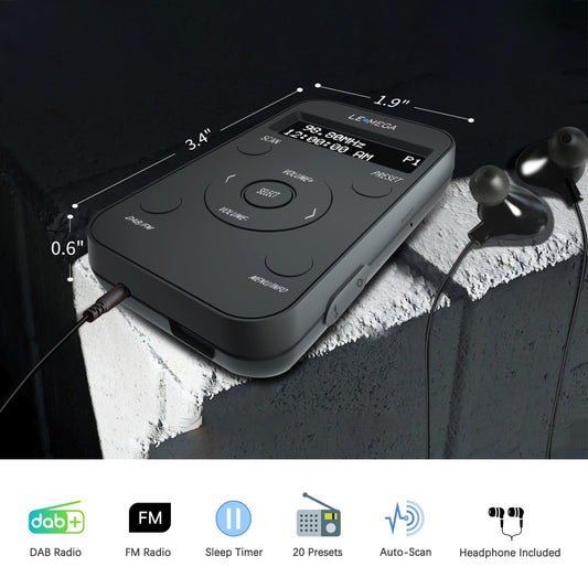 LEMEGA PR1L portable DAB/FM radio with rechargeable battery, 20 preset stations, LCD display, and headphones included. Sporty design with lockable switch, black color.