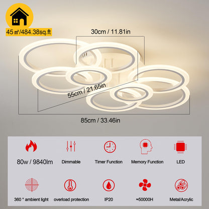 Narwhal Dimmable LED Ceiling Light 8-Rings Modern Living Room Lamp with Remote Control, Memory, Timer, Function, and Night Light, Ceiling Lamp for Bedroom, Dining Room, Hallway, Office, and Balcony
