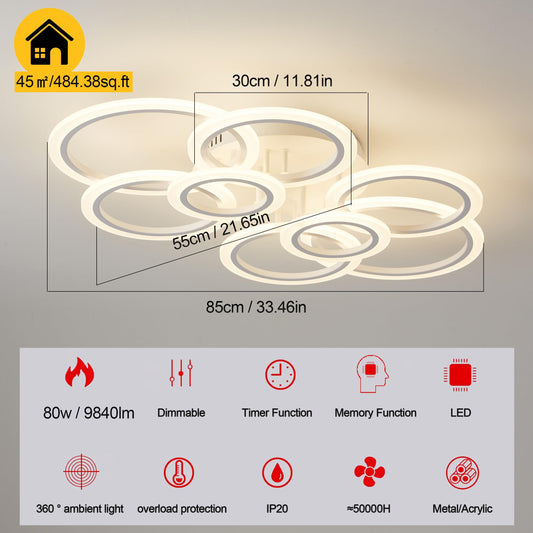 Narwhal Dimmable LED Ceiling Light 8-Rings Modern Living Room Lamp with Remote Control, Memory, Timer, Function, and Night Light, Ceiling Lamp for Bedroom, Dining Room, Hallway, Office, and Balcony