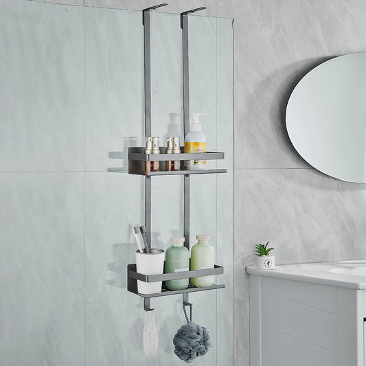 Hanfu hanging shower caddy, stainless steel with 2 baskets. No drilling required for installation. Includes hooks and suction cups for bathroom storage. Gray color.