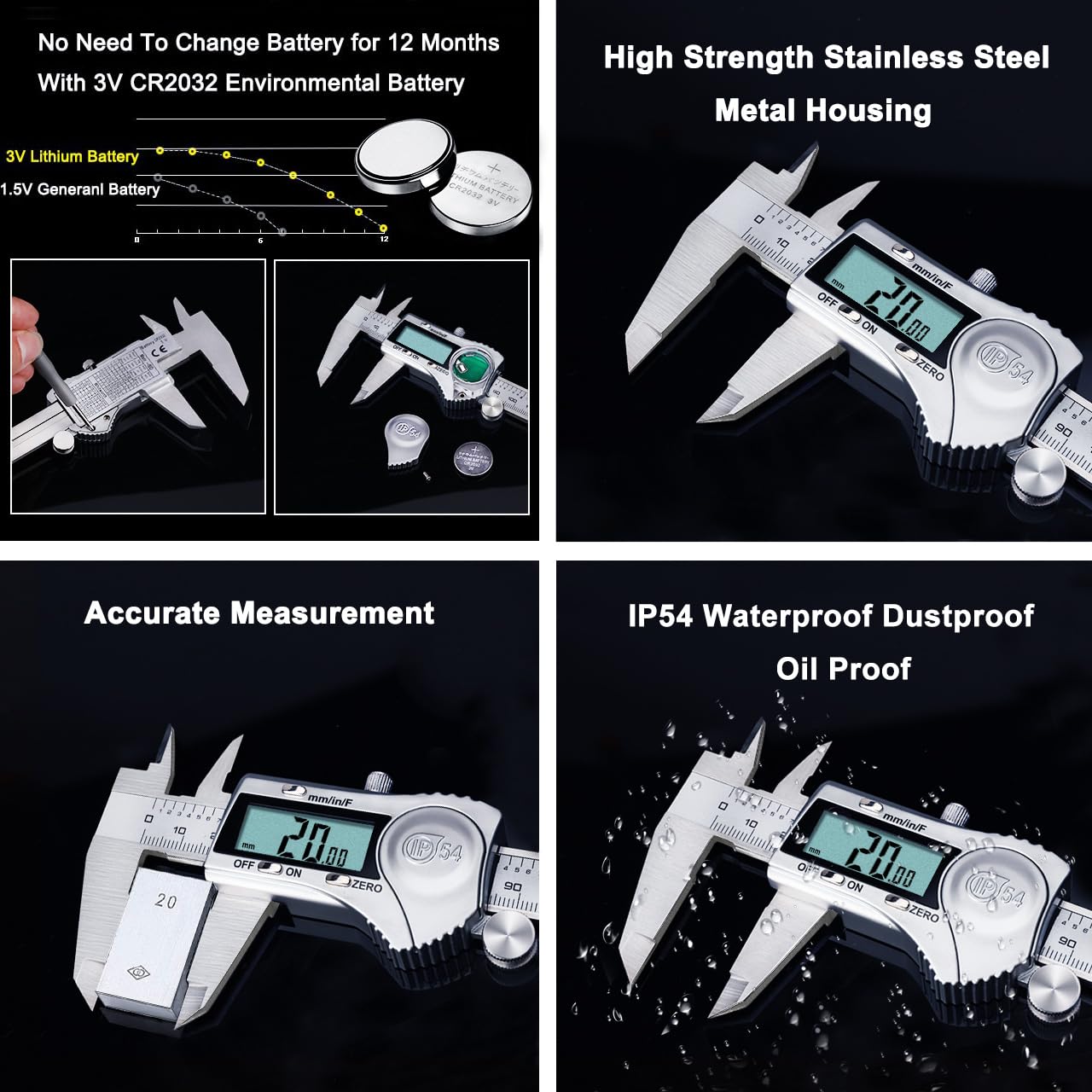 Kynup Digital Caliper, Measuring Tool 150mm Stainless Steel IP54 Waterproof Dustproof Protection Design, LCD Display for Household and Industrial Measurement Calibration