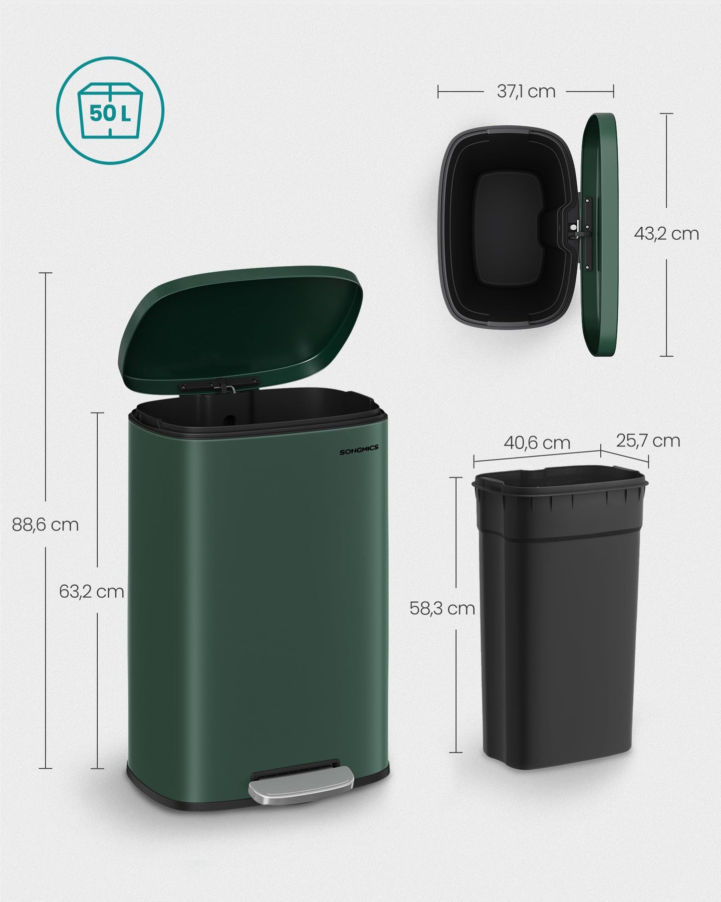 SONGMICS Kitchen Trash Can, 50 liters, Waste Bin, Step Bin, with Lid, Soft Close, Foot Pedal, Steel, Inner Bucket, Vintage Green LTB050C02