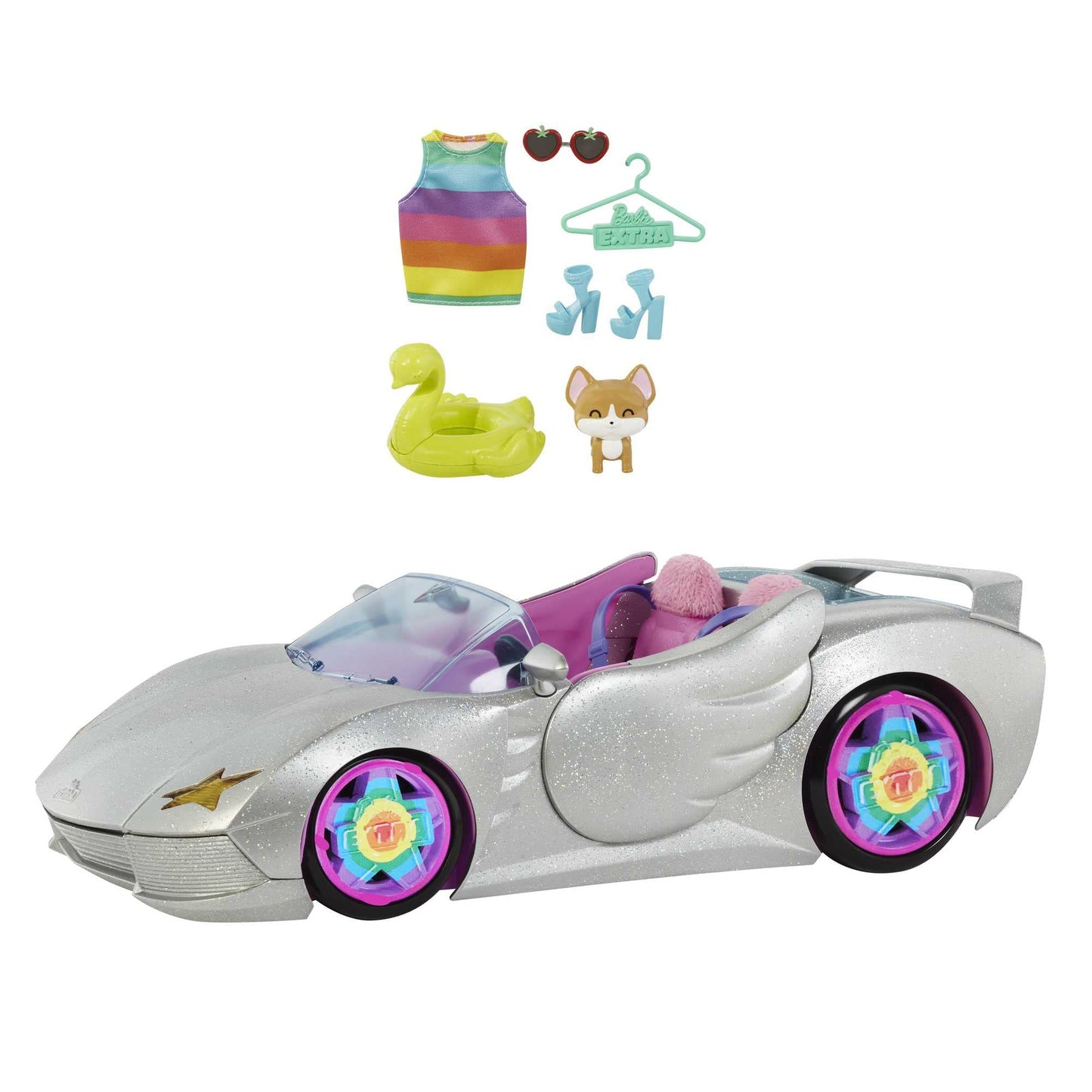 Barbie Extra Convertible Car in silver with moving wheels, includes accessories like clothing and pet, suitable for ages 3 and up. HDJ47.