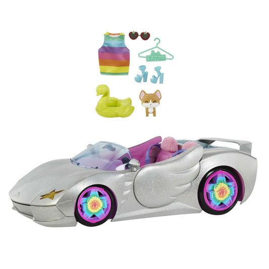 Barbie Extra Convertible Car in silver with moving wheels, includes accessories like clothing and pet, suitable for ages 3 and up. HDJ47.