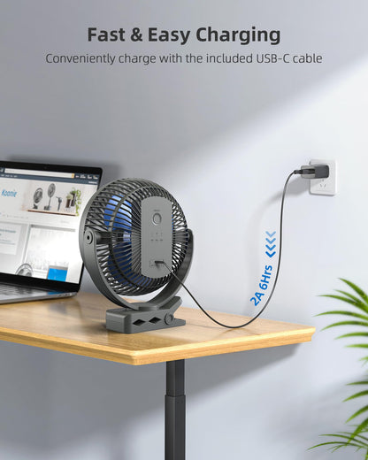 Koonie USB Clip Fan, 10000mAh USB Fan, Portable 20cm Desk Fan, 4 Speeds & 360° Rotation, Quiet Wall Fan, Fan for home, office, stroller, camping, grow tent