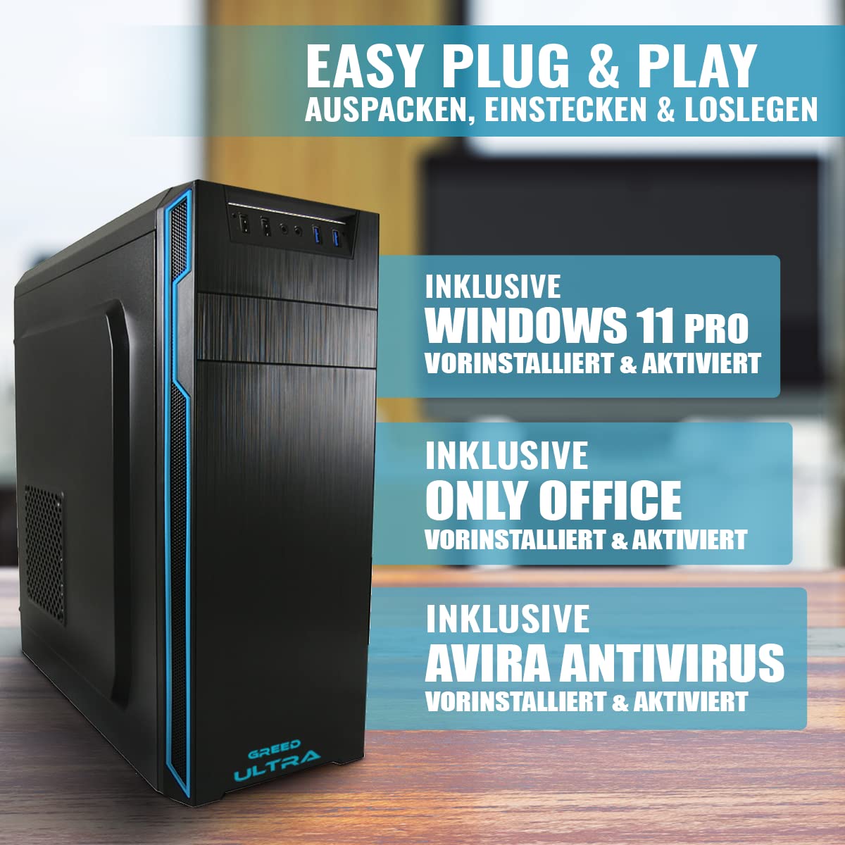 GREED® Ultra PC with Intel Core 12th Gen - Fast desktop computer for office & home office with 4.4 GHz, 32GB RAM - 1TB SSD + 1TB HDD - DVD+RW - USB3.0 - WLAN, including Windows 11 Pro.