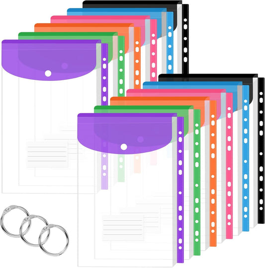 Vakki A4 Document Folder, 12pcs Transparent A4 Document Pouches for Filing, Expandable Collection Folder with 11 Hole Edges, Snap Button for Organizing Documents - 6 Colors