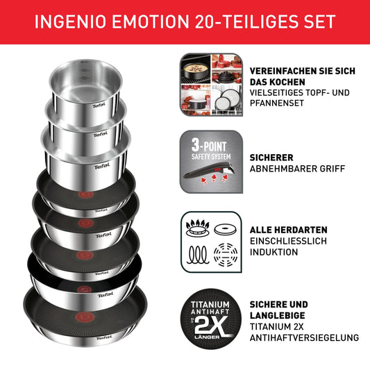 Tefal Ingenio Emotion 20-piece pot and pan set with detachable handle, includes accessories, stackable, space-saving, Induction-compatible Titanium 2X non-stick coating, easy to use and clean, L897SK.