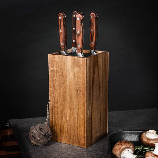 Navaris acacia wood knife block with bristle insert - wooden knife block empty - universal for kitchen knives, chef's knives, cooking utensils.