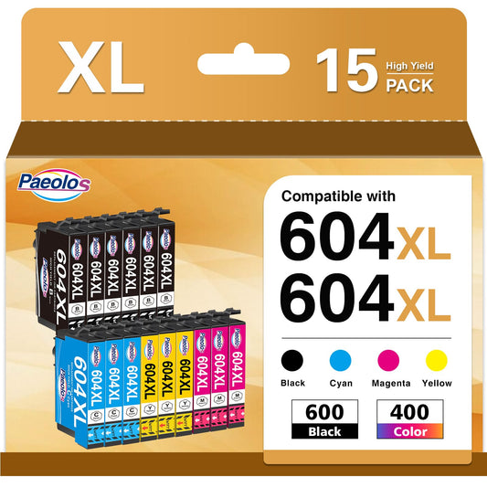 15x 604XL compatible printer cartridges for Epson 604 604XL cartridges for Epson Expression Home XP-3200 XP-3205 XP-4200 XP-4205 XP-2200 XP-2205, Workforce WF-2910 WF-2930 WF-2935 WF-2950 (15 pack)