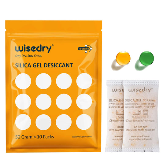 wisedry 50g [10 packs] Silica Gel Bag Microwave Rechargeable Dessicant Bag with indicator for Closet Gun Safes Bathroom Food Grade