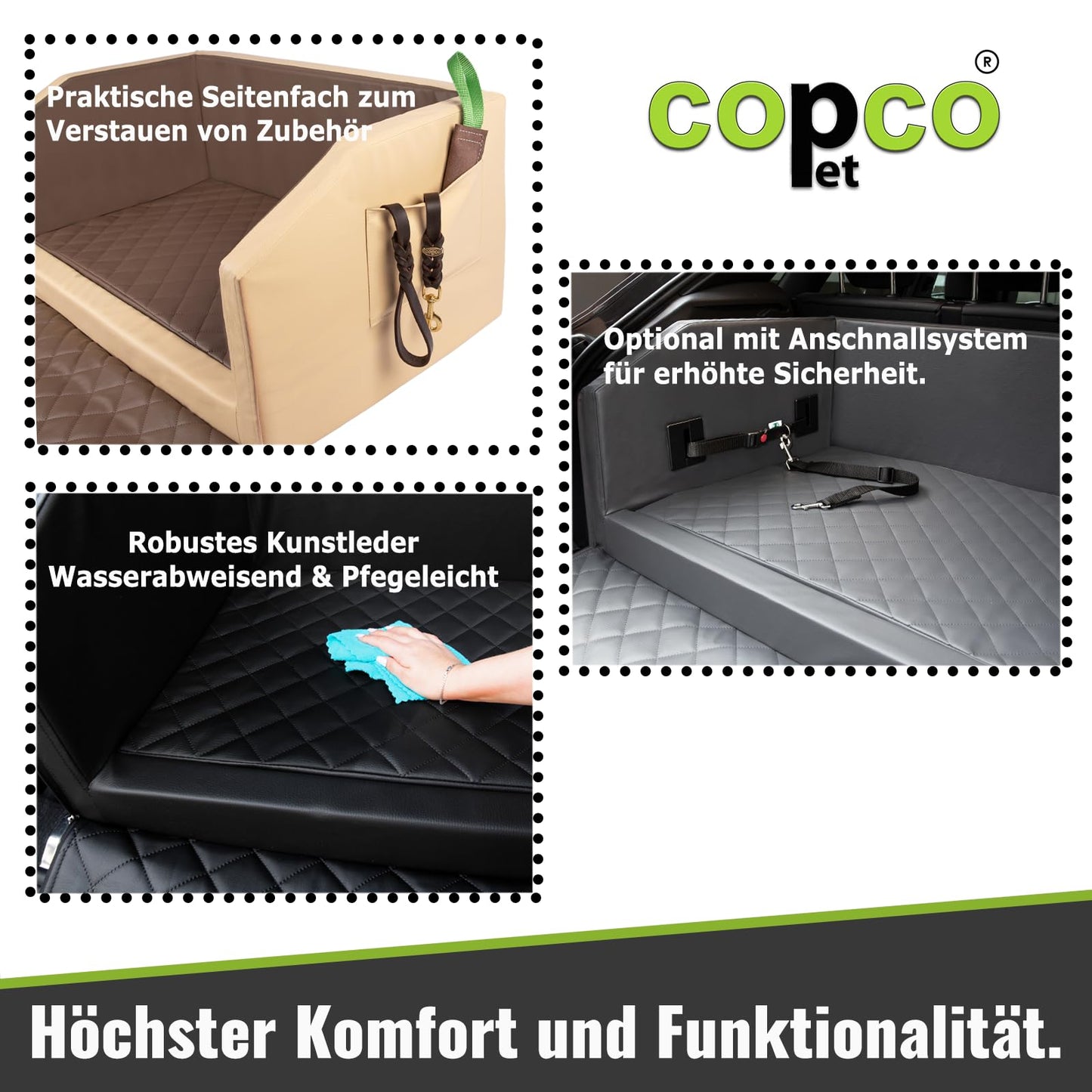 CopcoPet - Travel Bed dog bed for trunk 90x55x38cm faux leather - trunk protection dog water-repellent & scratch-resistant - dog bed car non-slip & sturdy with protective cover - travel bed dog Mocca