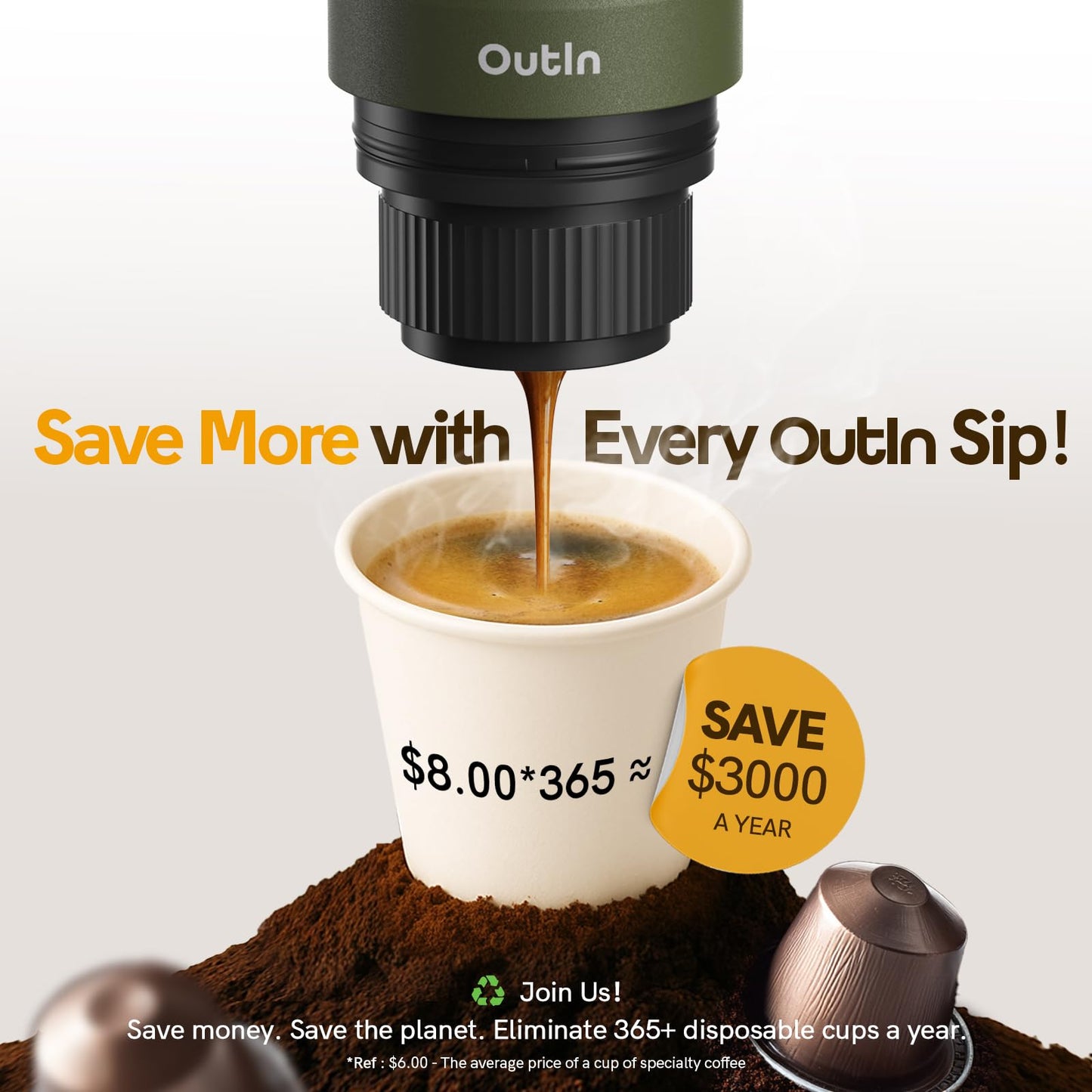 OutIn Nano Portable Espresso Machine with Battery, ideal for on-the-go or camping, coffee maker to go, with electric self-heating via USB-C, 2 in 1 for ground coffee and Nespresso capsules.