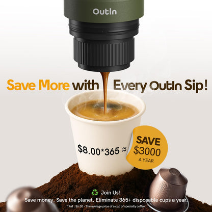 OutIn Nano Portable Espresso Machine with Battery, ideal for on-the-go or camping, coffee maker to go, with electric self-heating via USB-C, 2 in 1 for ground coffee and Nespresso capsules.