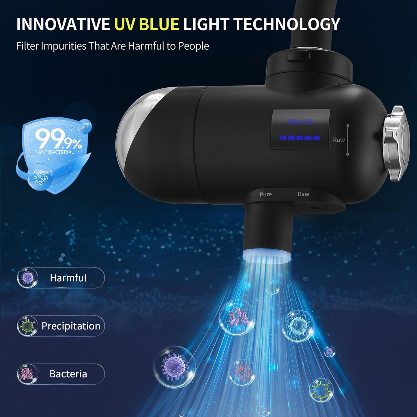 HOMELODY water filter faucet 3.0 with LED display, drinking water filter for kitchen, removes chlorine, heavy metals, and bad taste, 12x adapter filters with blue light (1 filter included)