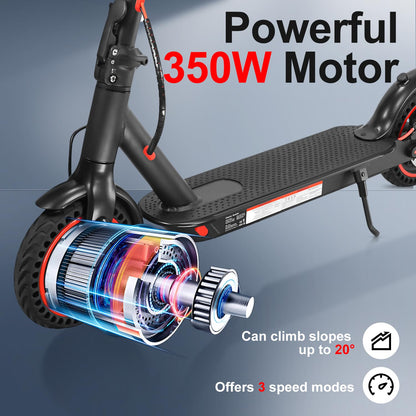 E-Scooter with street legal 350W motor, 25-30km range, 8.5" honeycomb tires. Electric scooter load capacity LED up to 120kg, 20km/h ABE electric scooter foldable E-scooter for commuting. Dual braking system.