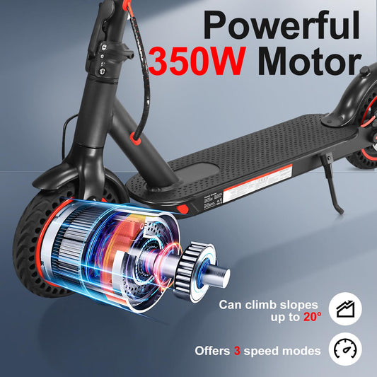 E-Scooter with street legal 350W motor, 25-30km range, 8.5" honeycomb tires. Electric scooter load capacity LED up to 120kg, 20km/h ABE electric scooter foldable E-scooter for commuting. Dual braking system.