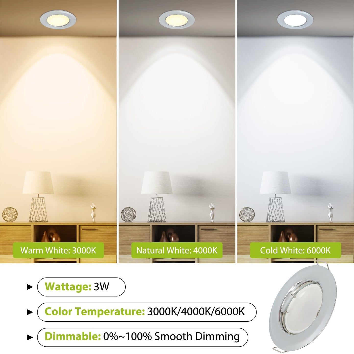 YanFeiYit 5x LED recessed spotlights - Chrome 3 Watt 230V dimmable Ø 52-71 mm cutout - Ceiling spotlight Ceiling recessed spotlight Ceiling spot Ceiling recessed light (Warm white 3000K)