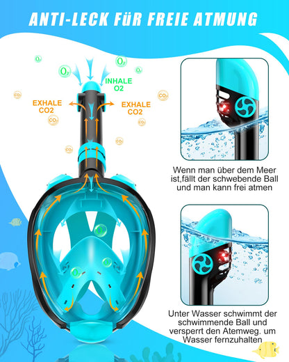 Lealinga Full Face snorkel mask with fins, Adult Snorkel Mask, Effortless Breathing, No Fogging, No Water Entry, 180° Vision and Camera Mount