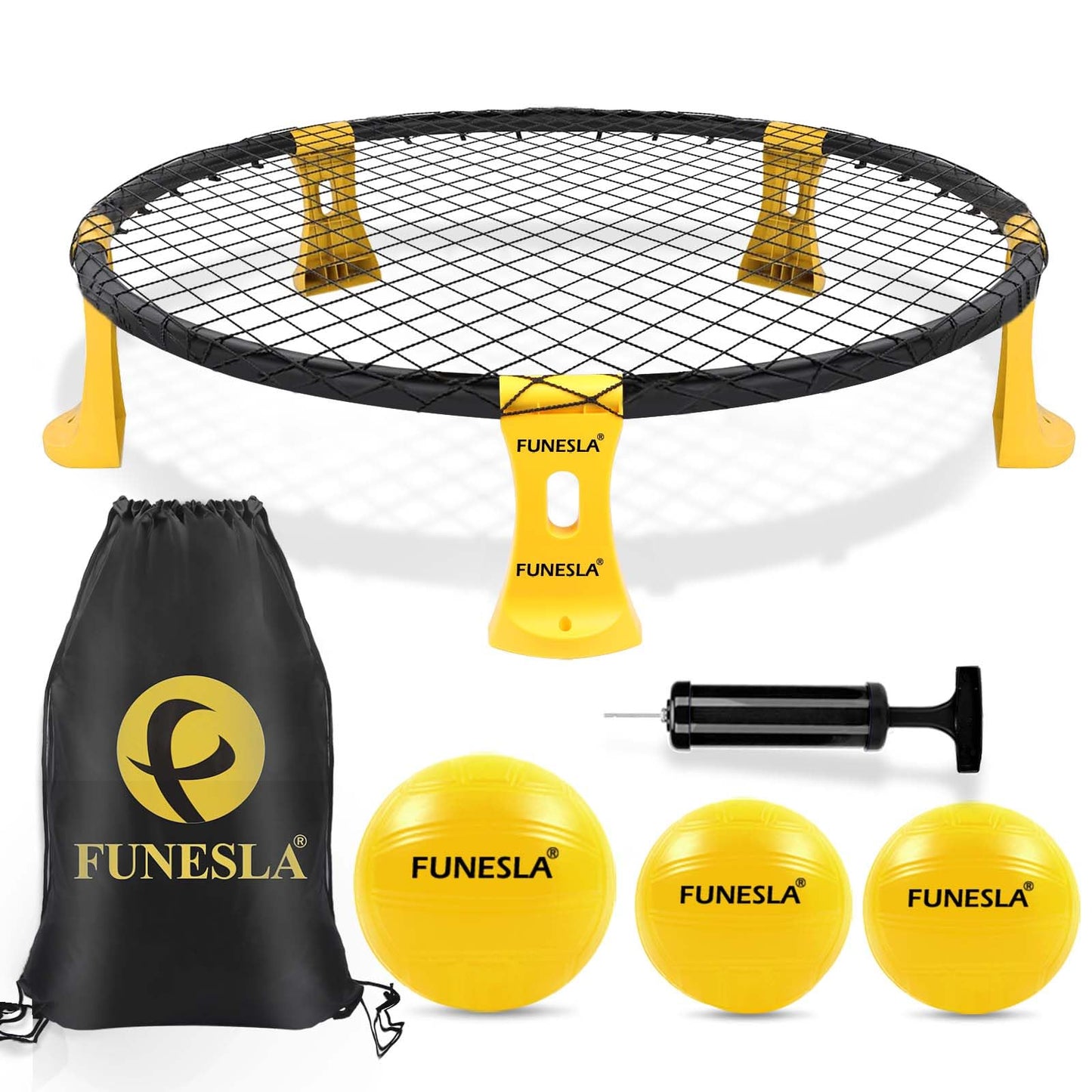 Funeslaball Outdoor Game Set, Roundnet Game Set, Outdoor Team Ball Game consisting of game net, 3 balls, drawstring, ball pump, and manual