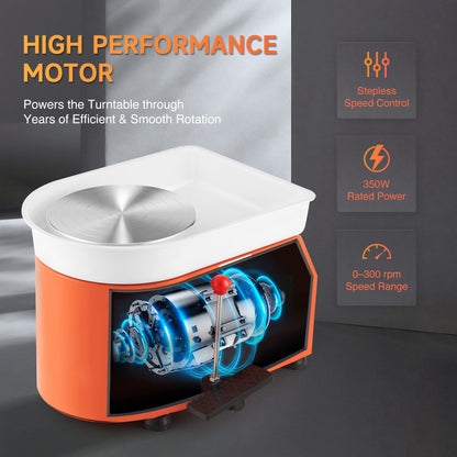 CREWORKS Pottery Wheel Electric Pottery Wheel Hand or Foot Drive 350W Ceramic Forming Tool 0-300 RPM Ceramic Clay Machine 8 PCS Ceramic Kit Clay Spinning Wheel 25CM Pottery Wheel