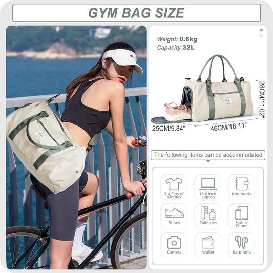 HYC00 Sport Duffel Bag for Men and Women, Gym Bag with Wet Pocket & Shoe Compartment, Travel Duffel Bags Overnight Bag Travel Bag Carry-on Bag Fitness Bag Workout Bag Weekender Bag, Beige Green