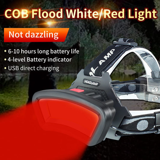 DARKBEAM COB Floodlight Headlamp LED with Red Light Rechargeable USB, Bright 2000 Lumens, Rechargeable Waterproof Headlamp, Fishing, Work Light for Helmet, Including Batteries, 7-14 Hours Battery Life.