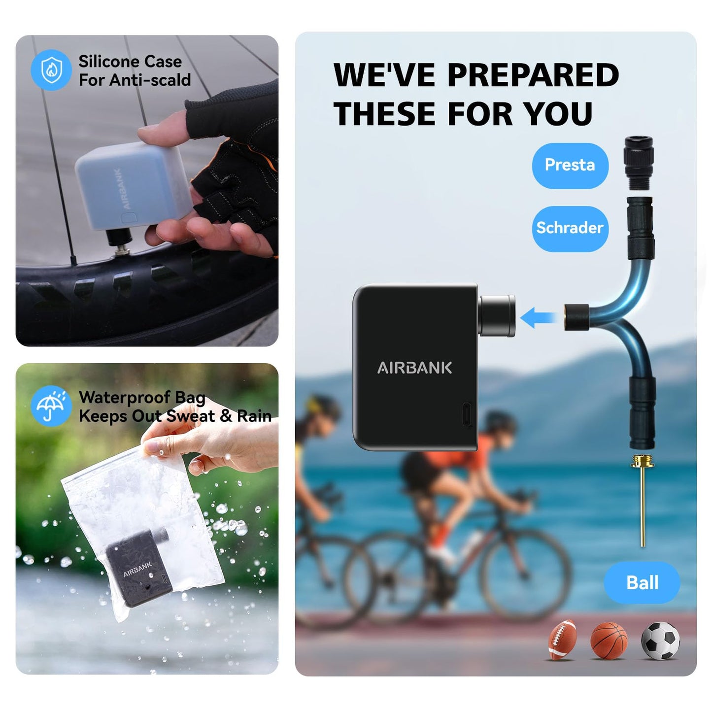 AIRBANK Electric Bike Pump Pocket PRO, 120PSI Mini Bike Inflator, cordless bike pump with rechargeable battery for Shrader and Presta valves.