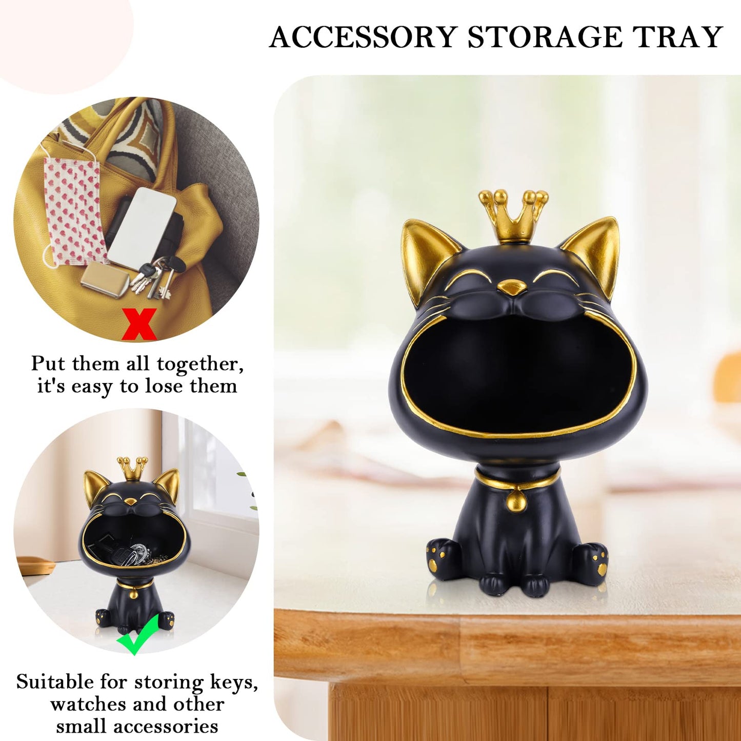 BLOOOK Laughing Cat Figurine Statue, Maneki Neko Fortune Cat Sculpture, Kawaii Cat Decor Gift, Key Tray, Jewelry Tray, Modern Decor for Living Room Home Entryway Furniture (Black)