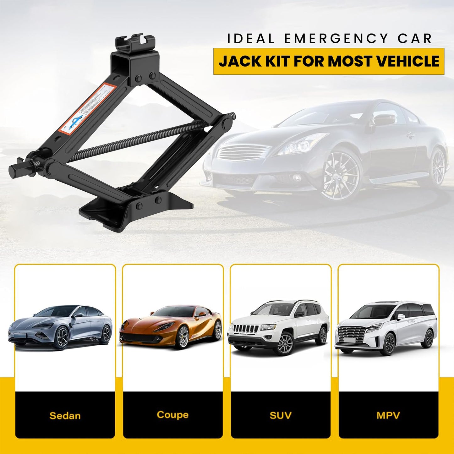 GRAND PITSTOP Car Jack Kit includes a 2 Ton (4409 lbs) Scissor Jack, Lug Wrench, and Tire Changing Kit. Universal Car Emergency Tool Kit for Cars, SUVs, and MPVs.